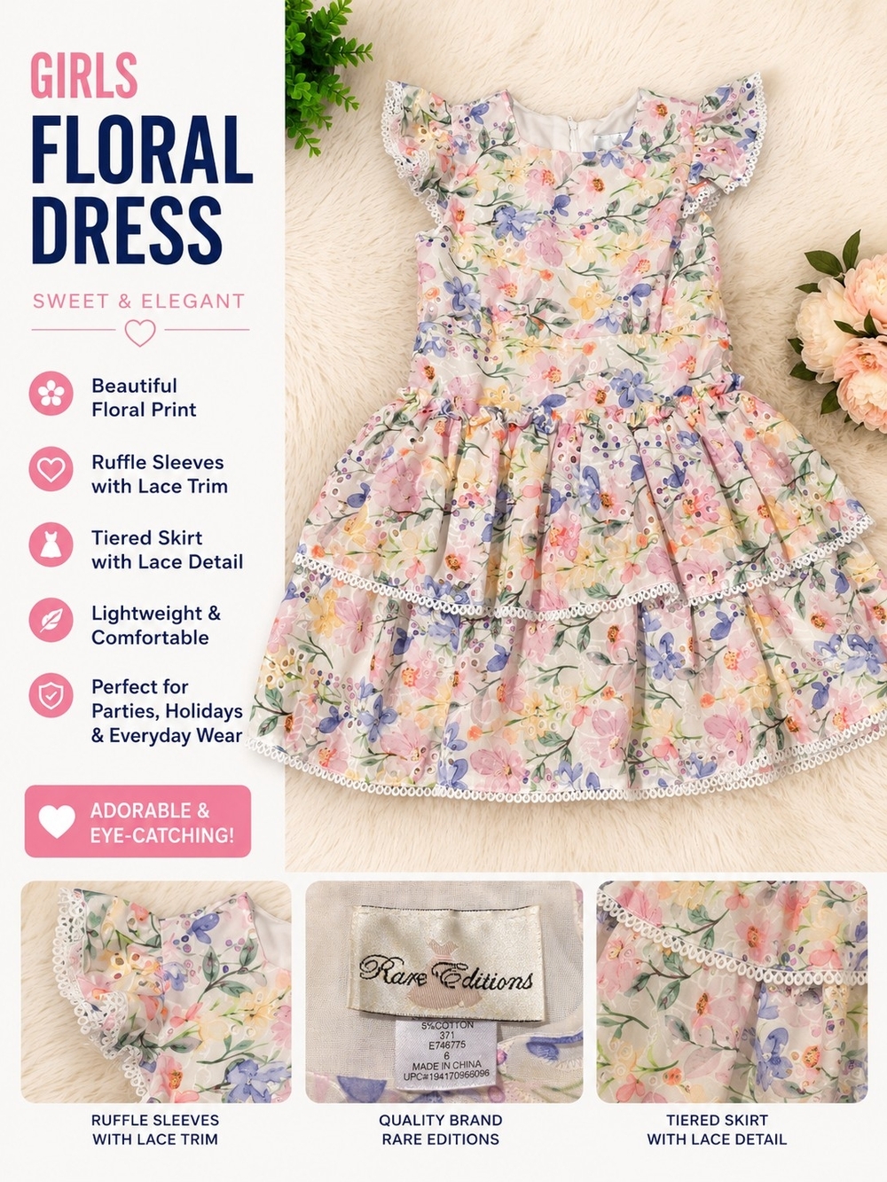 Rare Editions Pastel Floral Ruffle Dress - Pink, Purple, Yellow